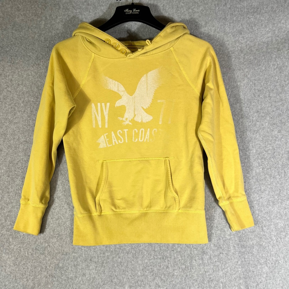 American Eagle Outfitters S MustardYellow Graphic‎ Hoodie Button Neck Raglan Y2K